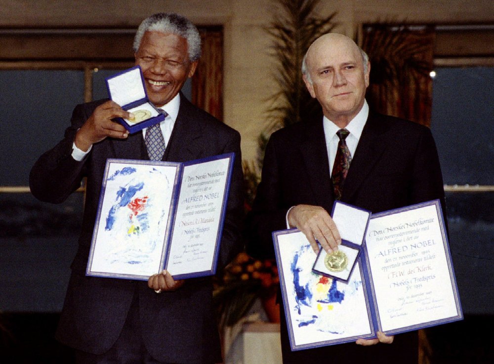On this day in 1993: Nelson Mandela and South African President F. W. de Klerk awarded the Nobel Peace Prize