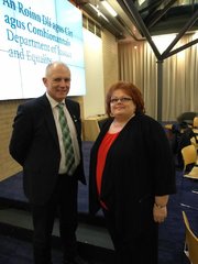 Chair of ICTU's women's committee Margaret Coghlan (Fórsa) with Minister David Stanton, after a meeting of the National Strategy for Women and Girls committee.
