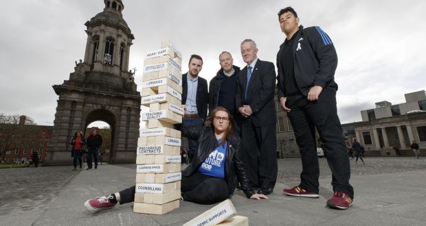 Kevin Donoghue, of Fórsa, Karl Byrne of Siptu, Séamus Lahart, President TUI and Zak Aboukrhes of ISSU with Síona Cahill, President of USI at a protest in Trinity college Dublin.