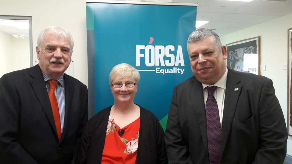 The meeting was officially opened by Finian McGrath TD, the Minister of State for Disability Issues, pictured here with Fórsa President Ann McGee and head of Education Andy Pike.