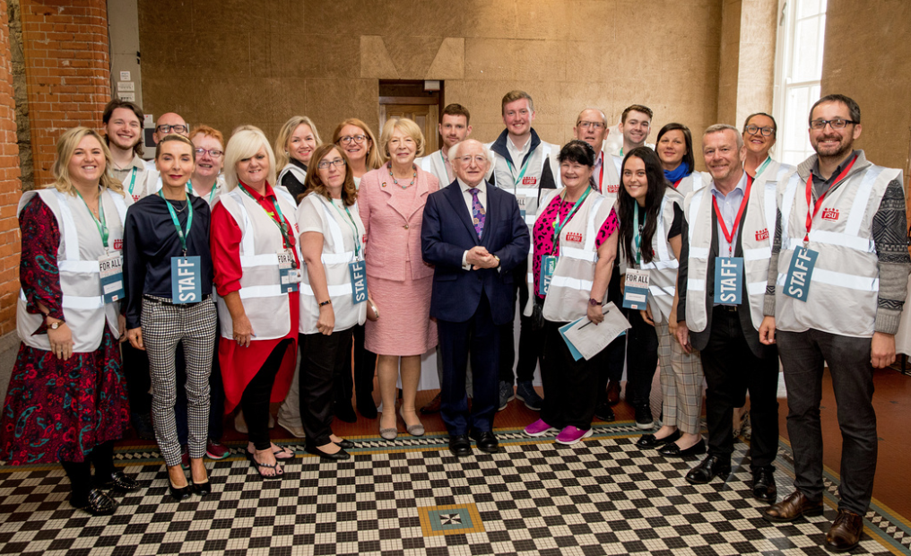 President Higgins and Sabina Higgins with volunteers at the EPSU conference in Dublin.
