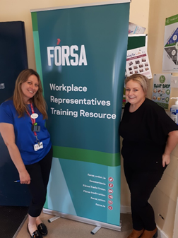 Branch activists Sharon O'Brien and Melissa Walsh at Fórsa's 'meet and greet' which took place in Naas general hospital last week. 