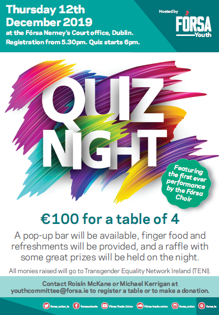 The quiz commences at 5.30pm and costs €100 for a table of four. 