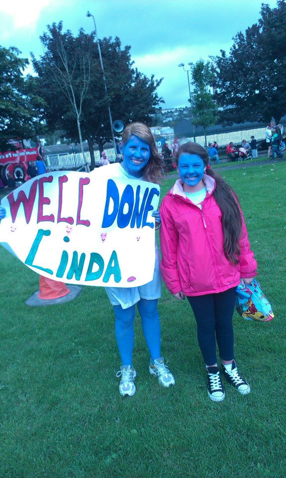 Linda and her niece Vanessa (13) celebrate at the finish line Linda and her niece Vanessa (13) celebrate at the finish line