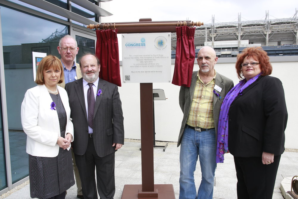 Pictured here with Dublin MEP Emer Costello at the Workers’ Memorial Day 2014 ceremony in Dublin are (left to right) Tom Browne of the IMPACT local government and local services division, IMPACT president Kevin O’Malley, Finbarr Maguire of the local authority craft unions’ group, and IMPACT vice president Margaret Coughlan Photo by Conor Healy.