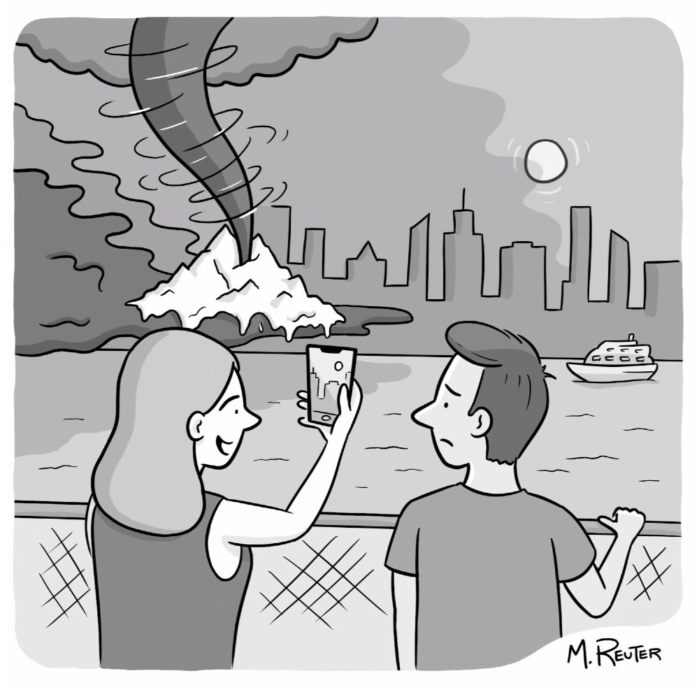 "Yes, the tornado riding the melted-glacier smoke storm is alarming, but it's creating the perfect natural filter for this sunset." #NewYorkerCartoons