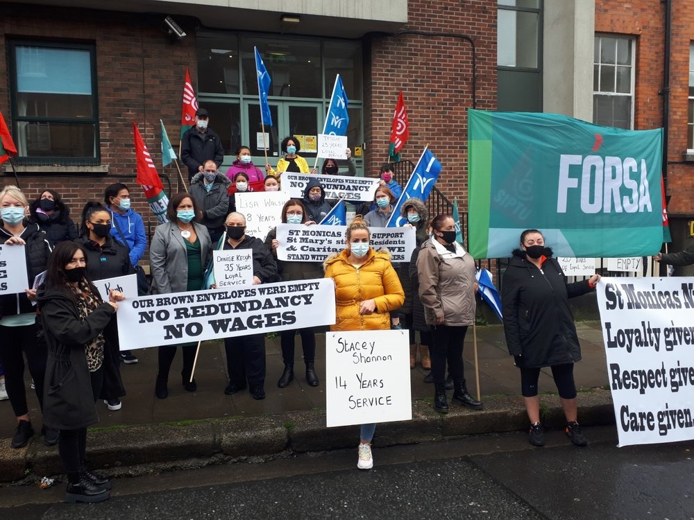 The protest, which assembled outside St Monica’s Nursing Home on Dublin’s Northside, brought together members of Fórsa, the INMO and SIPTU.