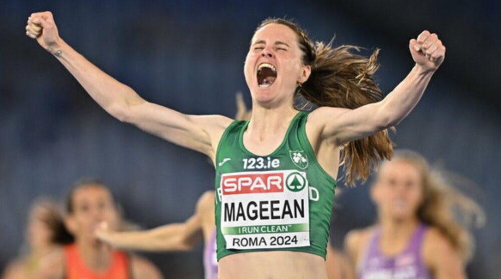 Ciara Mageean crosses the finish line in Rome last night having won gold in the 1600m race. Spectacular finish.