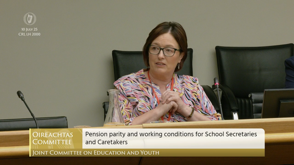 Luisa Carty speaking at Oireachtas Joint Committee on Education, representing school secretaries and caretakers