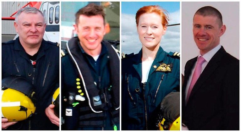 The crew of Rescue 116: Winch operator Paul Ormsby, Chief pilot Mark Duffy, Captain Dara Fitzpatrick & Winchman Ciarán Smith