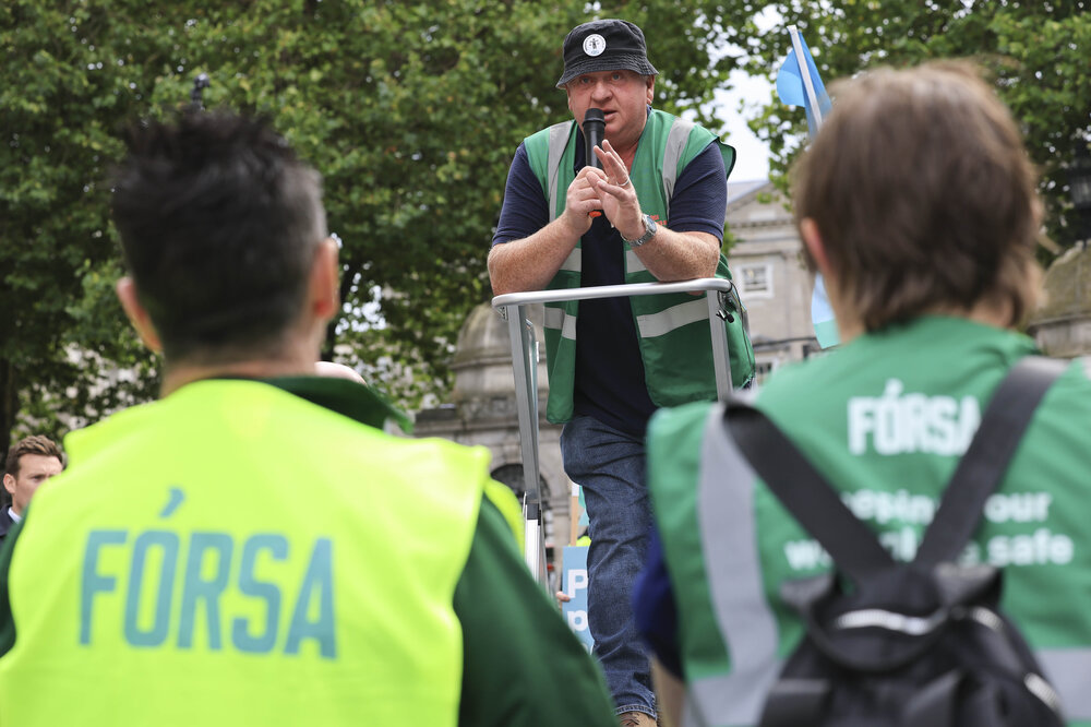 Billy Kerins speaking at rally outside Leinster House