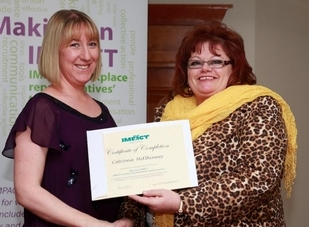 Caitriona McElhinney of IMPACT’s Donegal branch receives her certificate from training officer Margaret Coughlan. Caitriona McElhinney of IMPACT’s Donegal branch receives her certificate from training officer Margaret Coughlan.
