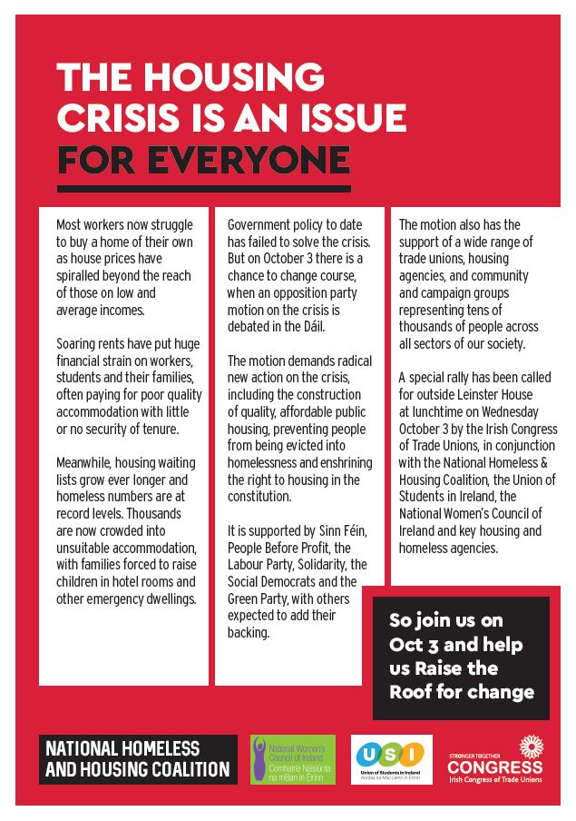 Participating groups have called for support for the lunchtime rally outside Leinster House on Wednesday 3rd October, which has been organised by the Irish Congress of Trade Unions.