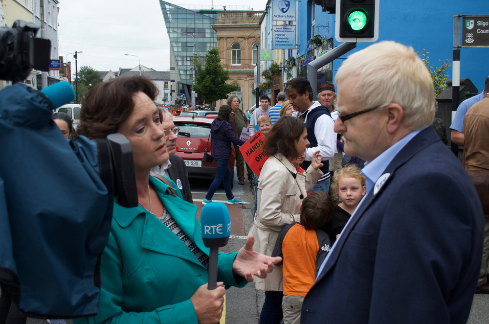 IMPACT president Pat Fallon speaks to RTE at the September rally in Sligo