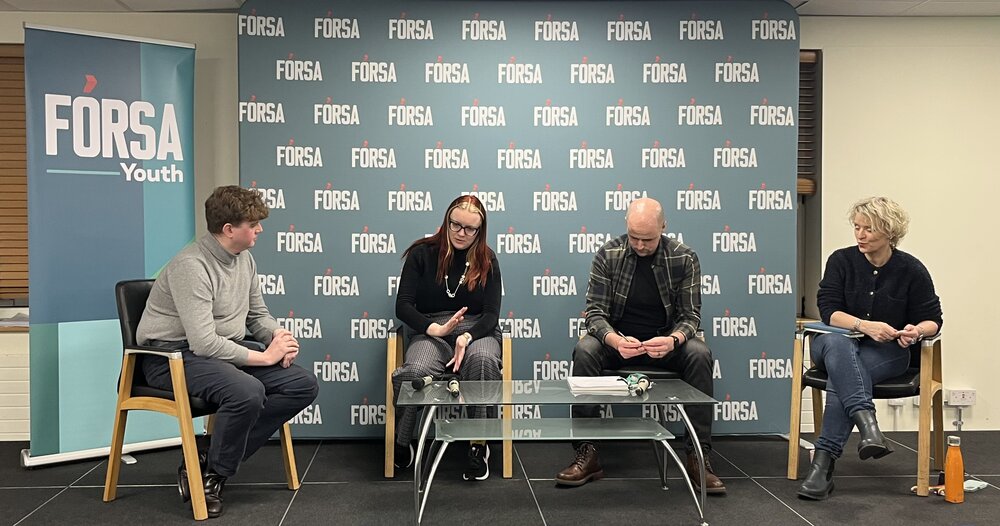 What the Fórsa event, L-R Hugh McInerney (Fórsa Youth chair), Aine Bullock (Fórsa Youth recruitment officer), Michael Kerrigan, (Fórsa Youth assistant general secretary), and Fiona Dunne ( Fórsa director membership, training and development)