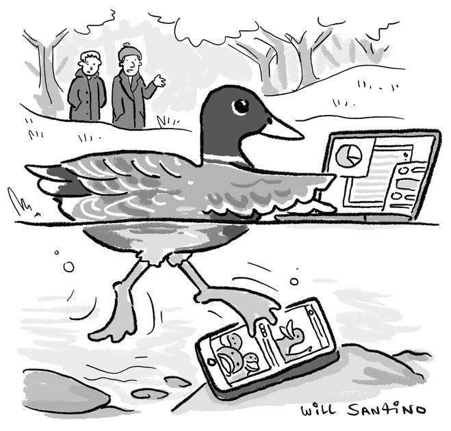  “While the duck appears to be calmly working from home, under the surface it is frantically checking social media.” Will Santino @nycartoons