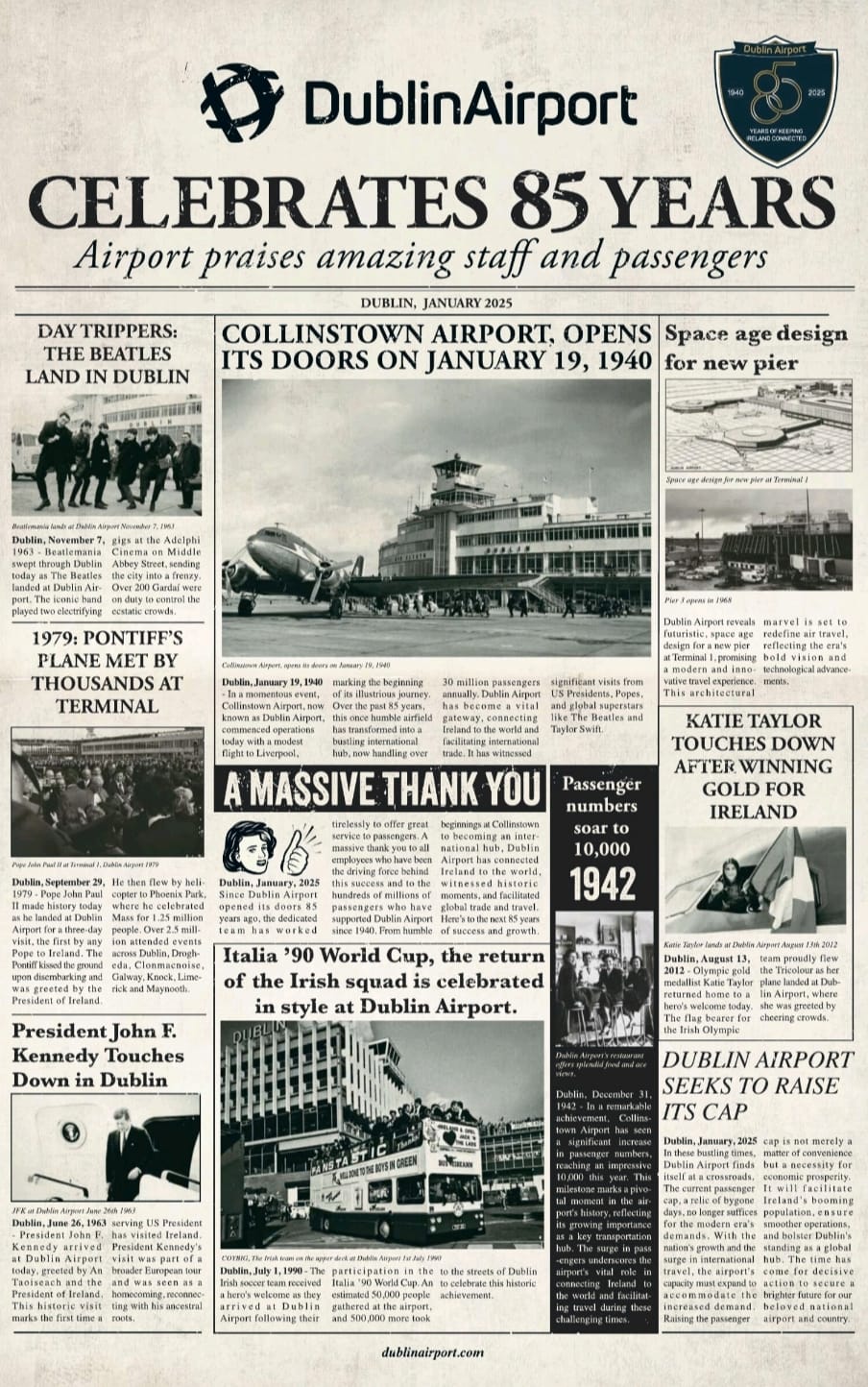 Dublin Airport celebrated 85 years in operation at the weekend with this full pge ad in the Irish Times.